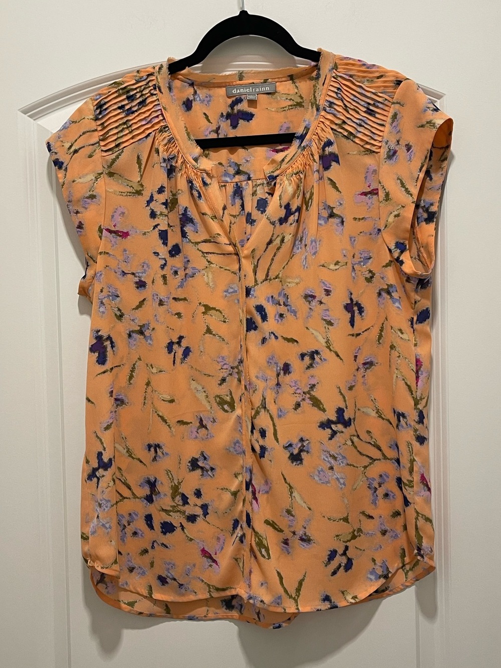 Daniel Rainn Peach Floral Pintuck Cap-Sleeve Blouse